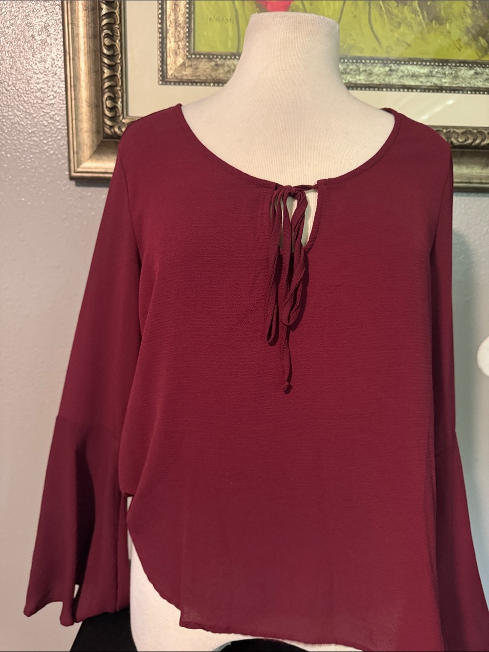 Women's Burgundy Tie-Neck Blouse